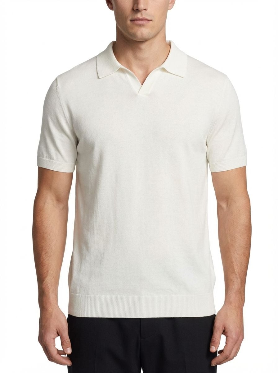 Wool Polo Short Sleeve  V Neck With Stitch ( Thin ) CREAM