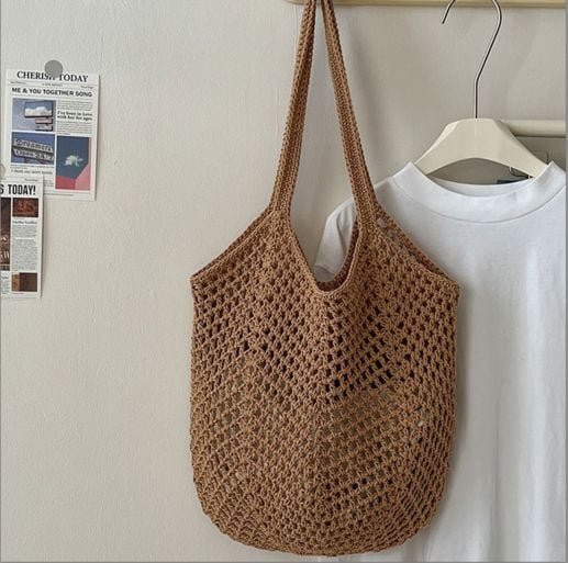Brown Crochet Mesh Tote Bag