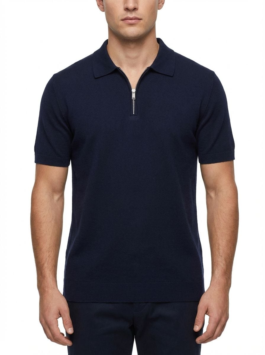 Wool Polo With Zipper Short Sleeve NAVY