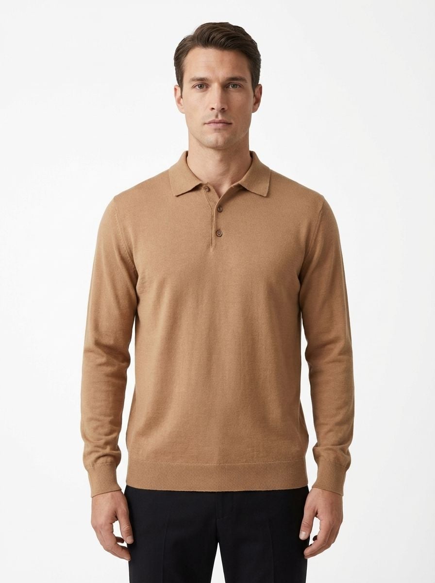 Wool Polo Long Sleeve With Button CAMEL