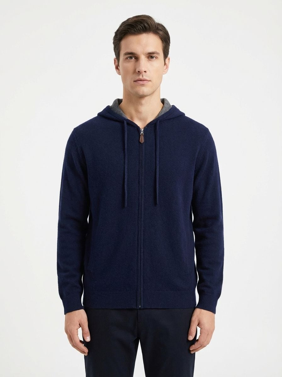 Cashmere Cardigan With Hoodie NAVY