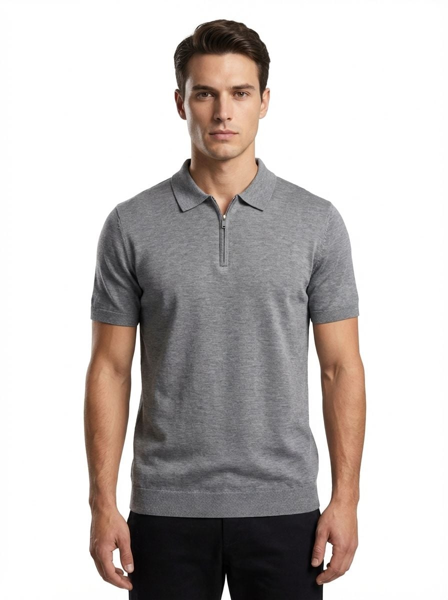 Wool Polo With Zipper Short Sleeve GREY
