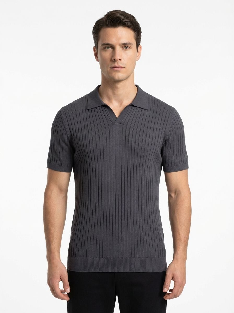 Wool Polo V Neck With Line On Body (Thin) Short Sleeve GREY