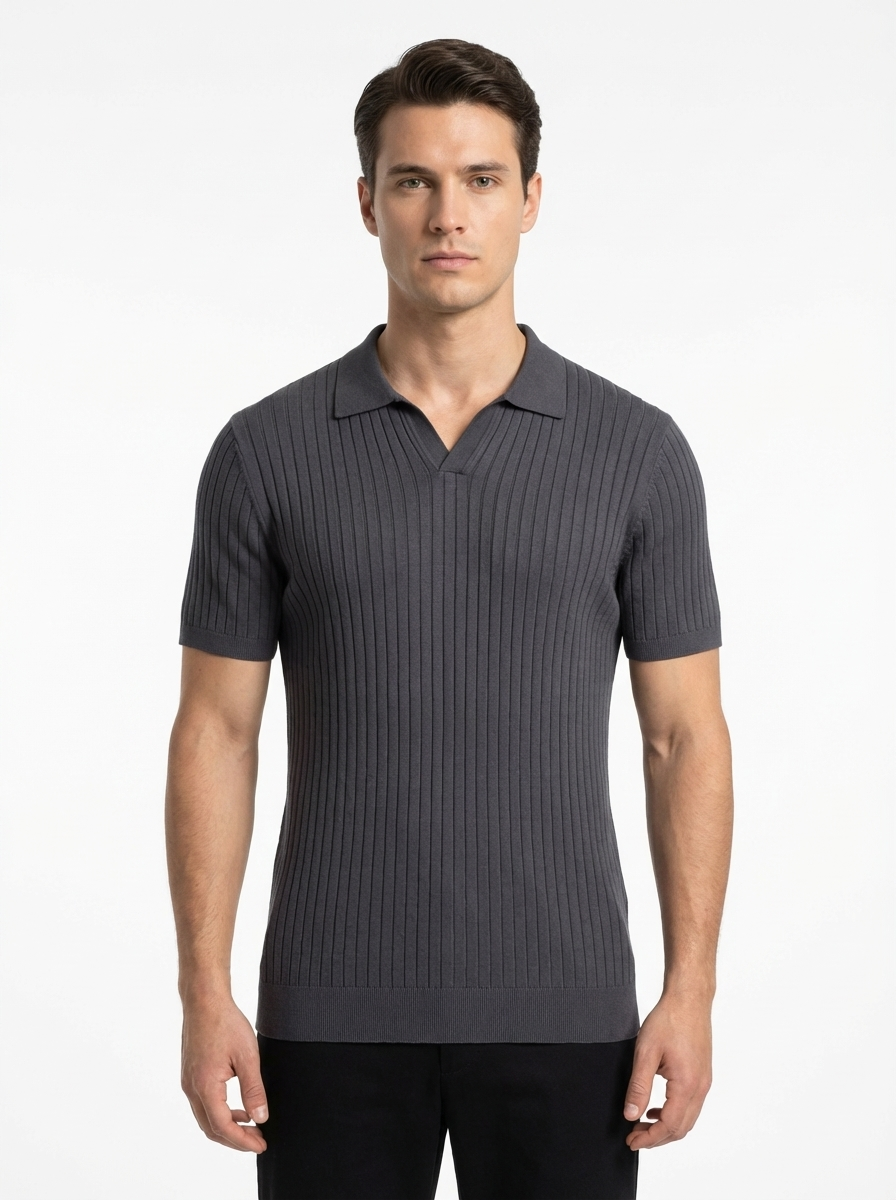 Wool Polo V Neck With Line On Body (Thin) Short Sleeve GREY